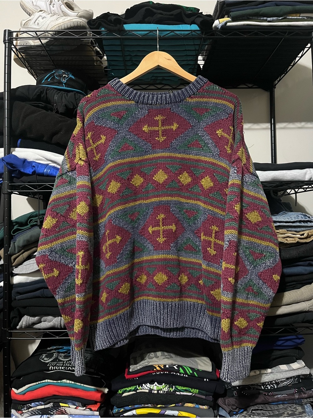 Structure Multicolor Crewneck Sweater with Burgundy, Gray & Mustard Pattern
